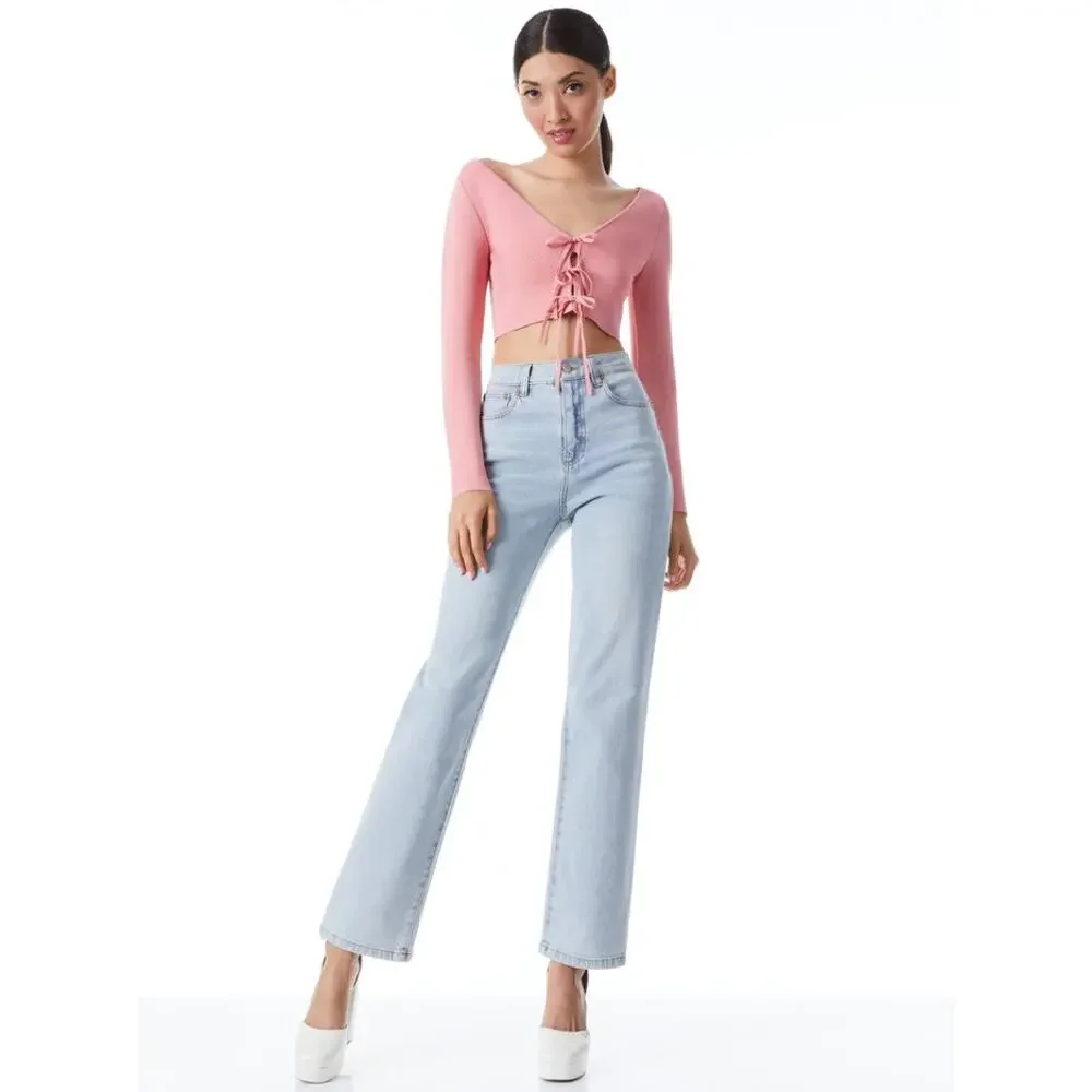 ALICE AND OLIVIA Sharee Top Womens Medium Pink Tie Knit Crop V Neck Long Sleeve